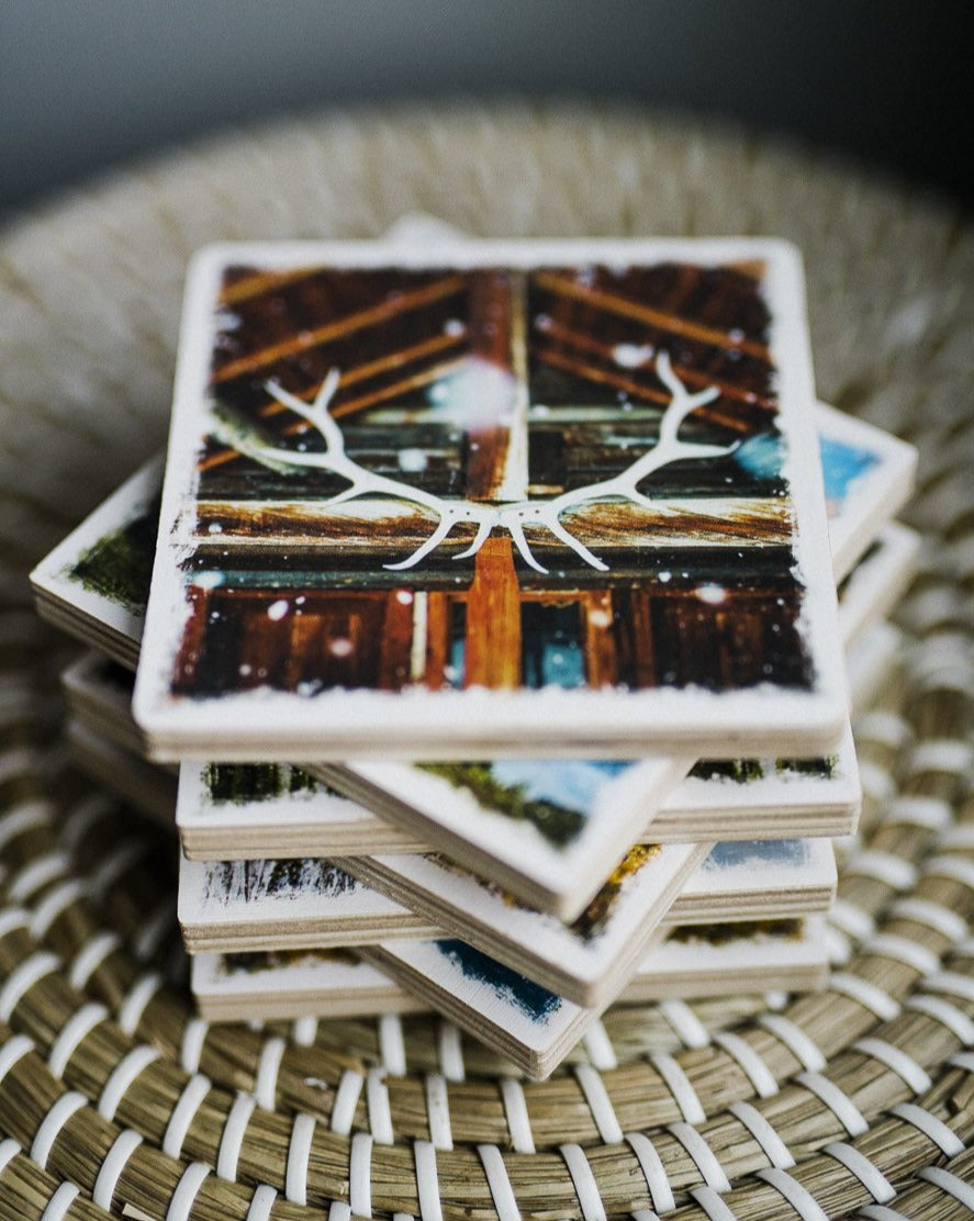 Posavasos con fotografías de madera de abedul del Parque Nacional de Banff Log Cabin & Elk Rack