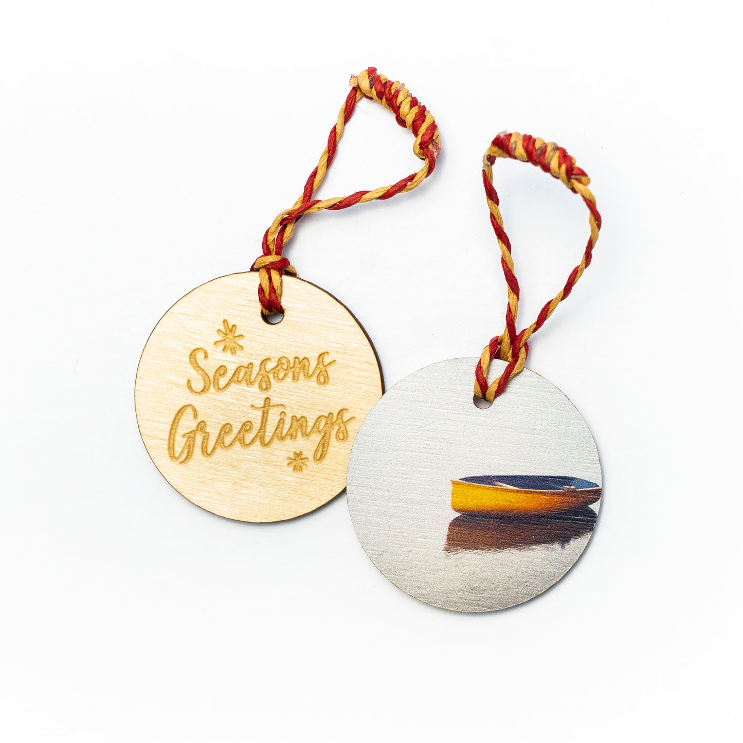 Circle Wooden Holiday Ornament <br> Seasons Greetings<br> Lone Orange Boat