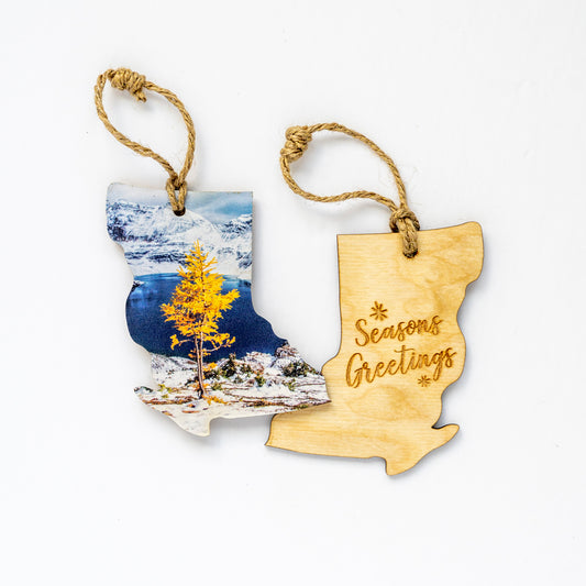 British Columbia Wooden Holiday Ornament Seasons Greetings Golden Larch & Fresh Snow