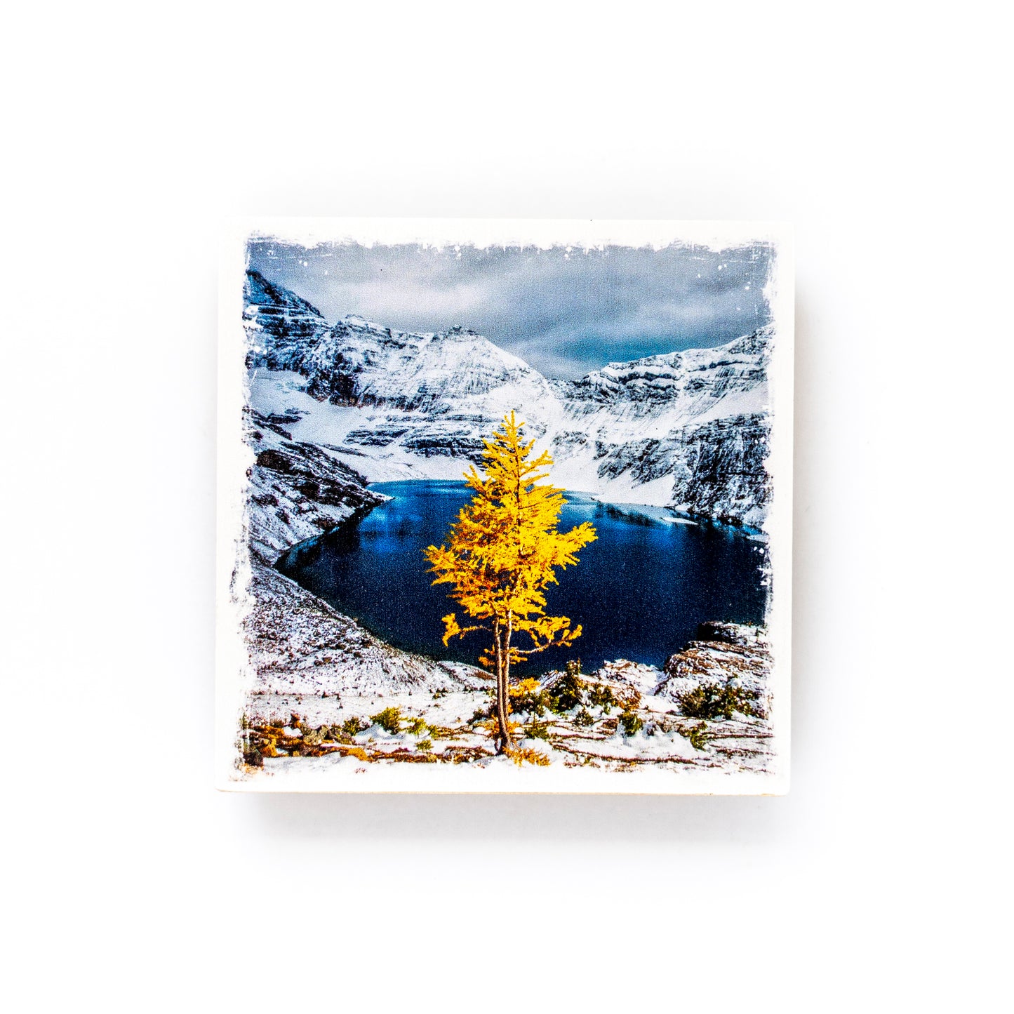 Posavasos fotográfico de madera de abedul del Parque Nacional Yoho de las Montañas Rocosas canadienses del lago McArthur, acabado mate de 4x4 pulgadas