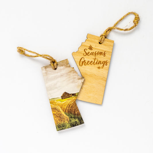 Manitoba Wooden Holiday Ornament <br> Seasons Greetings <br> Haybales & Barn