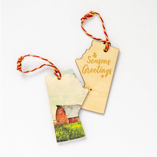 Manitoba Wooden Holiday Ornament<br> Seasons Greetings <br> Red Barn & Field