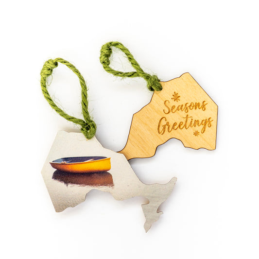Ontario Wooden Holiday Ornament Seasons Greetings Orange Boat in Bay