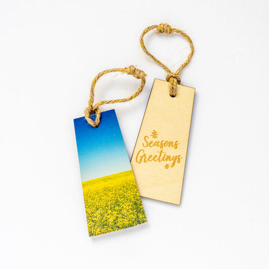 Saskatchewan Wooden Holiday Ornament <br> Seasons Greetings <br> Canola Field in Bloom