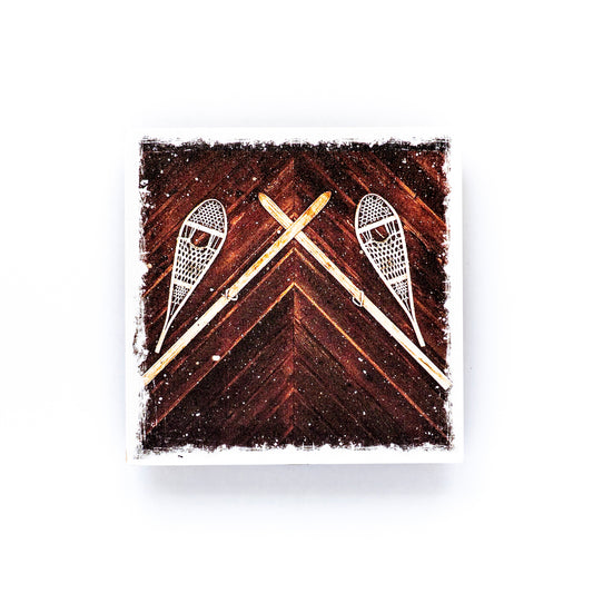 Vintage Snowshoes & Skis on Log Cabin Birch Wood Photo Coaster