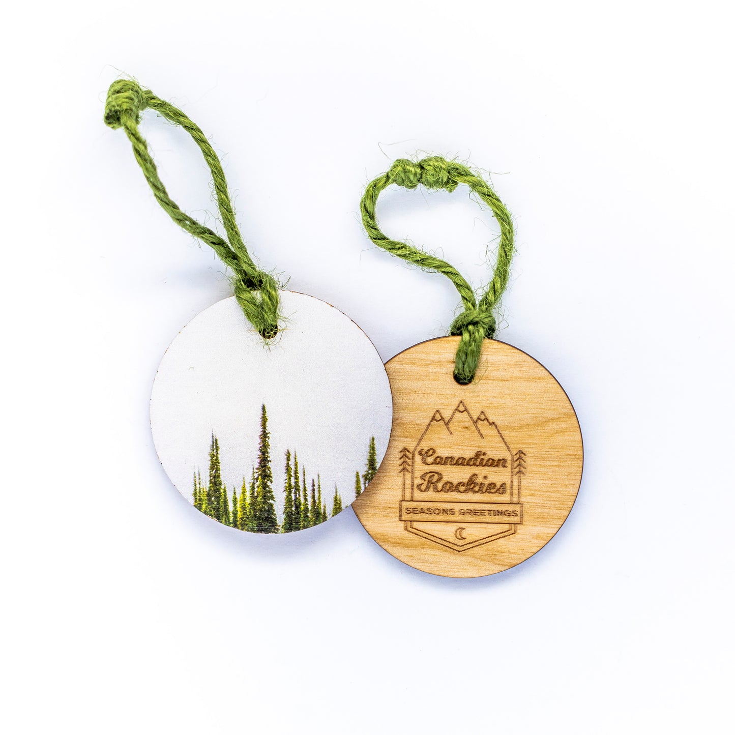 Circle Wooden Holiday Ornament Canadian Rockies Foggy Alpine Fir Trees