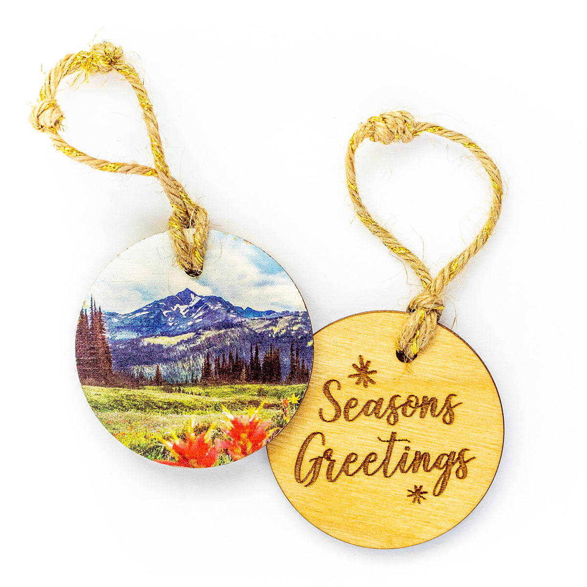 Circle Wooden Holiday Ornament <br> Seasons Greetings <br>Wildflowers in Bloom