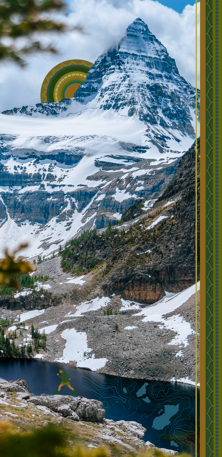 Mountain landscape with a lake and snow-capped peak, featuring a rainbow symbol.