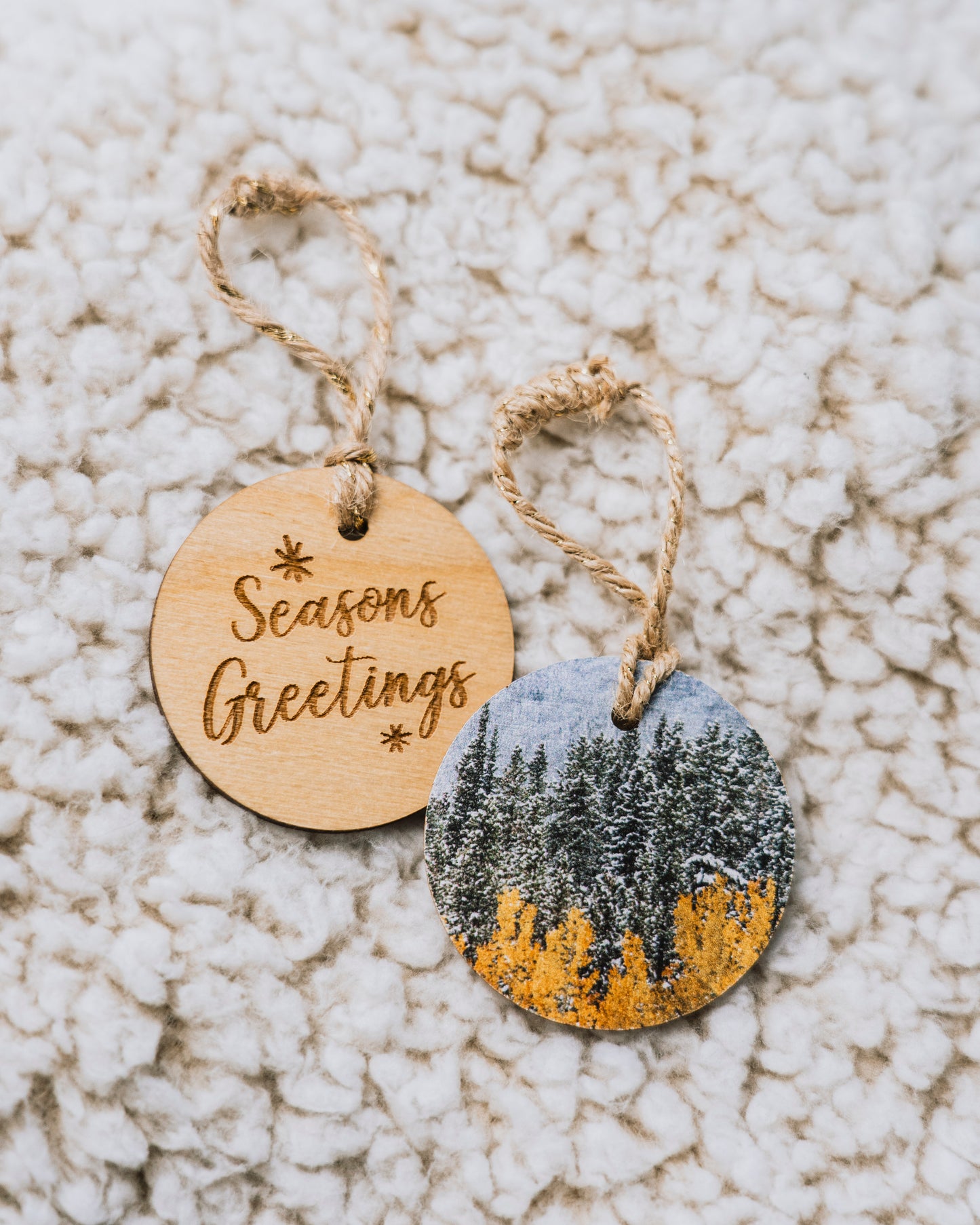 Circle Wooden Holiday Ornament <br> Seasons Greetings <br>Snowy Autumn Aspen Trees