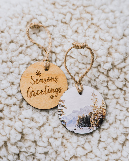 Circle Wooden Holiday Ornament <br> Seasons Greetings <br>Canmore Winter Sunrise