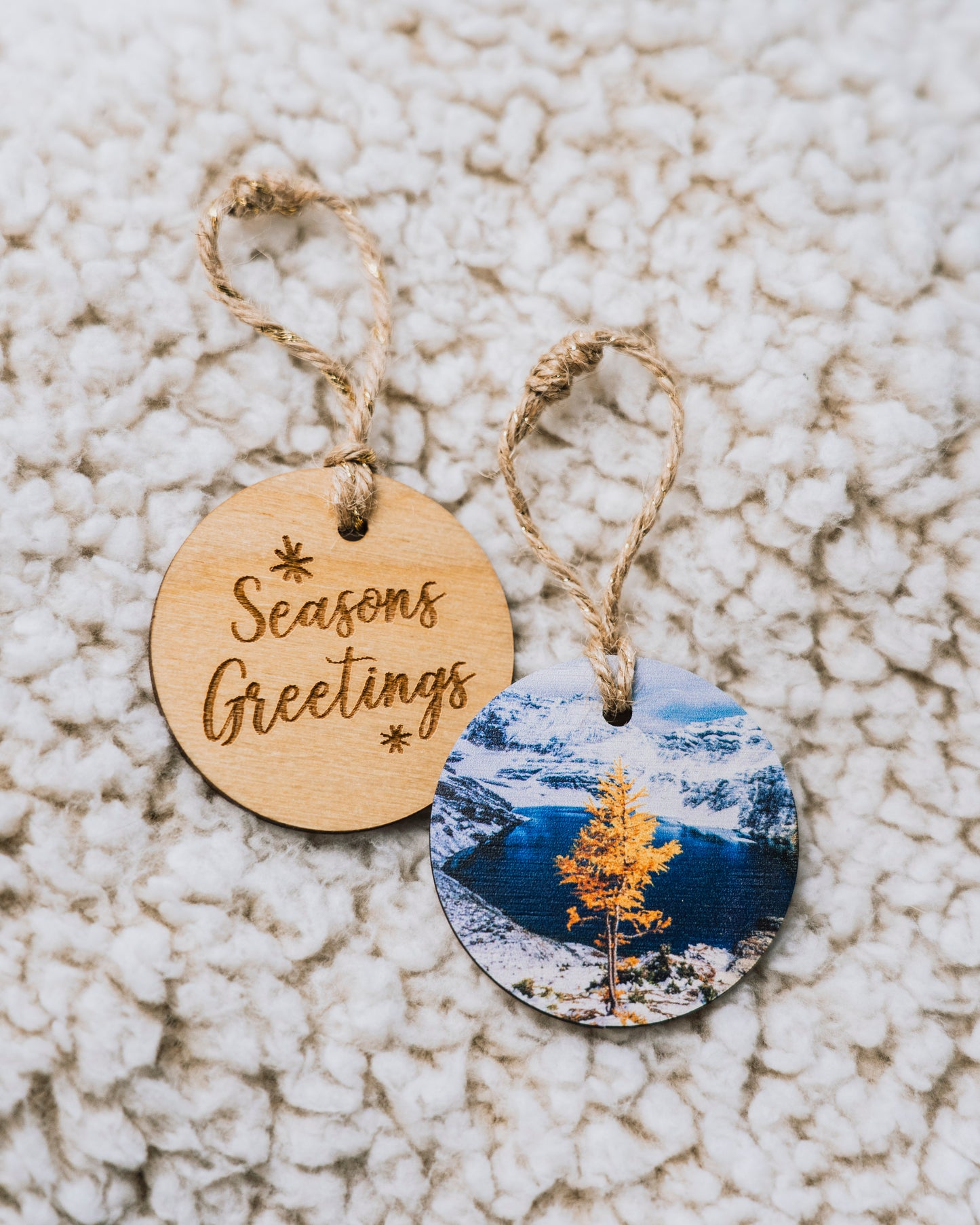 Circle Wooden Holiday Ornament <br> Seasons Greetings <br>Lone Larch Tree Rocky Mountains