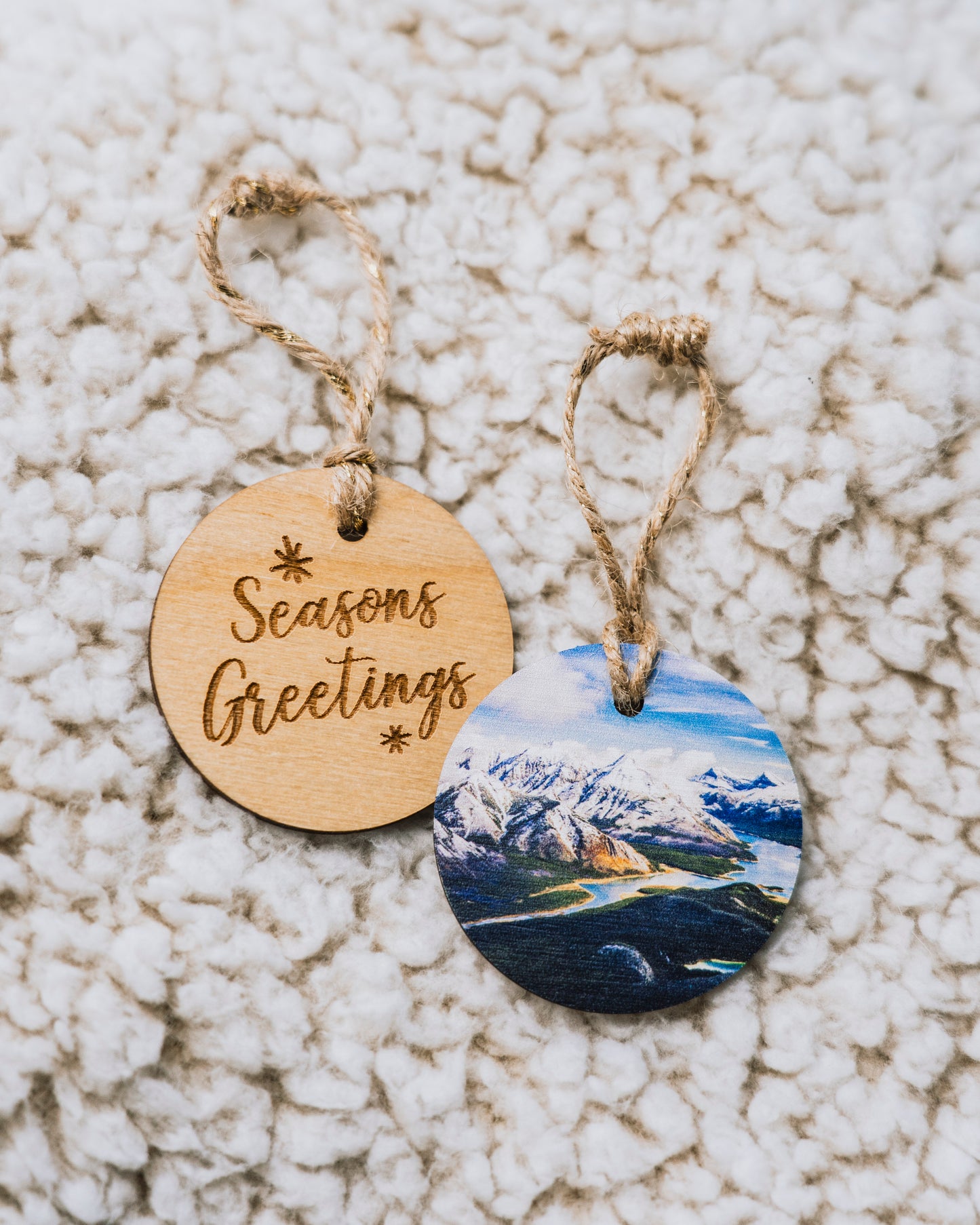 Circle Wooden Holiday Ornament <br> Seasons Greetings <br>Kananaskis Country Rocky Mountains