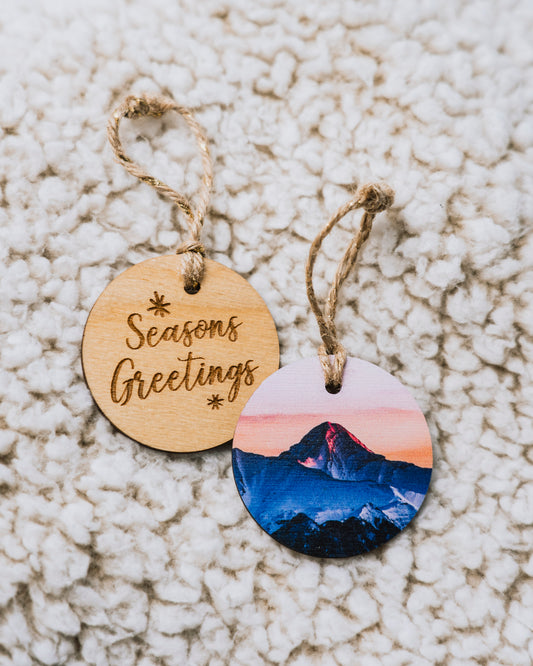 Circle Wooden Holiday Ornament <br> Seasons Greetings <br>Banff National Park at Sunrise