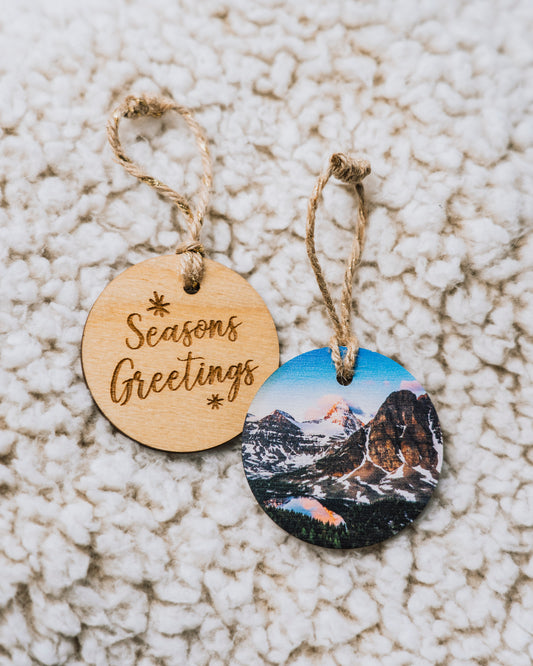 Circle Wooden Holiday Ornament <br> Seasons Greetings <br>Mount Assiniboine Canadian Rockies