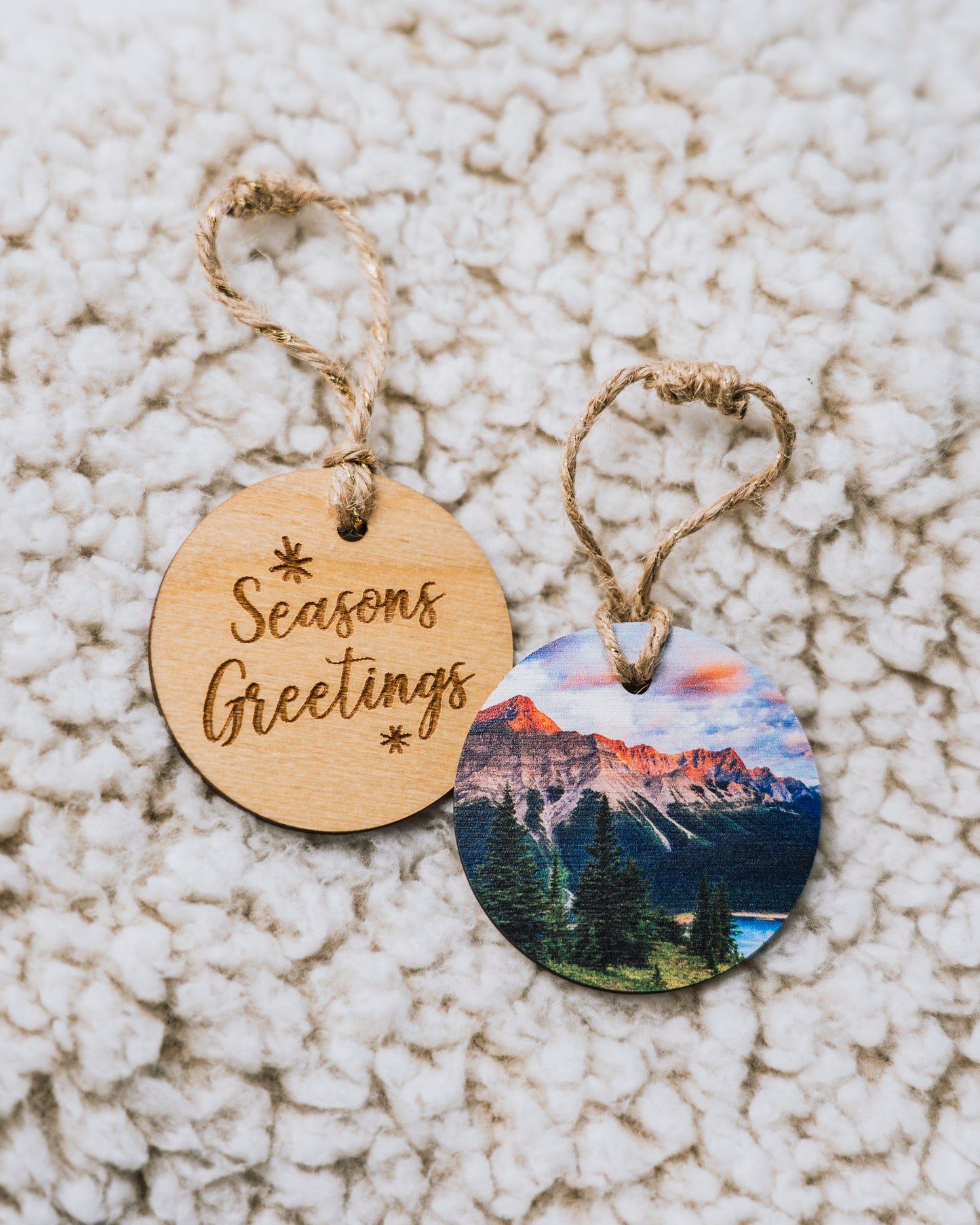 Circle Wooden Holiday Ornament <br> Seasons Greetings <br>Kananaskis Country at Sunrise