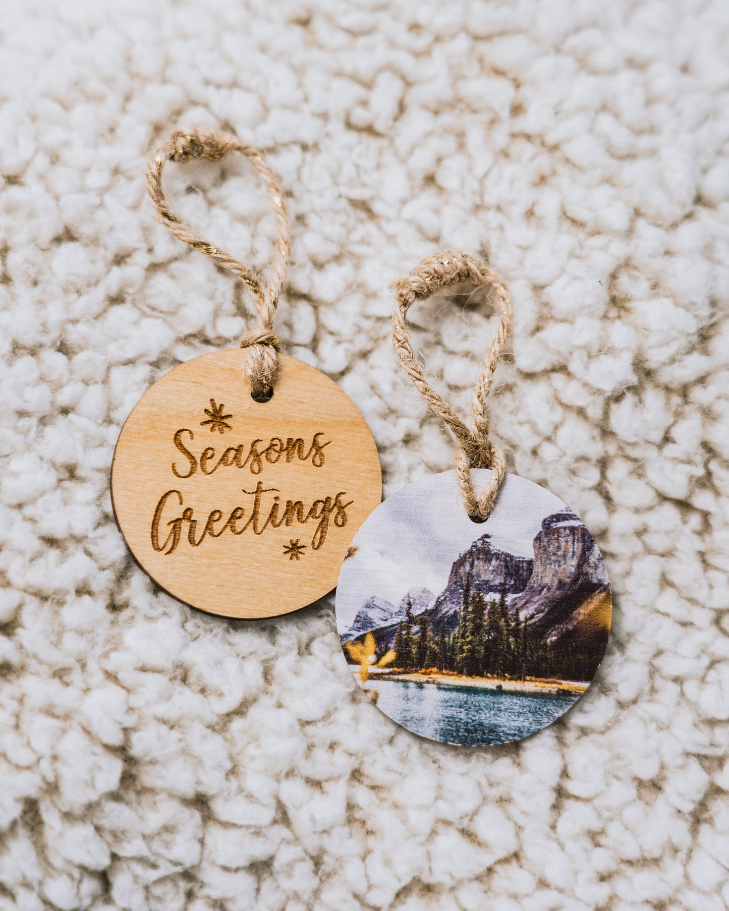 Circle Wooden Holiday Ornament <br> Seasons Greetings <br>Maligne Lake Spirit Island Jasper National Park