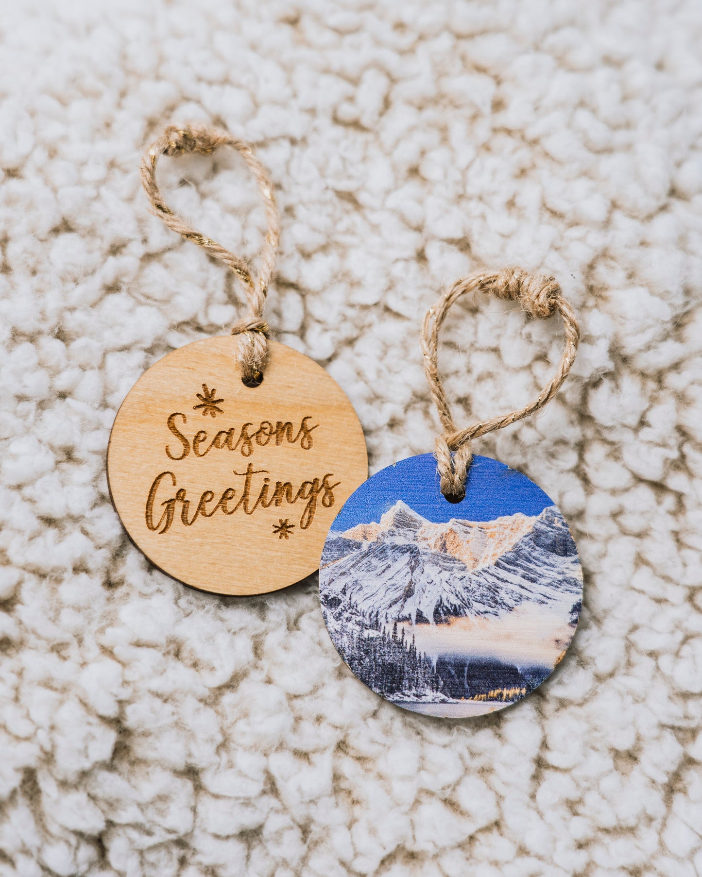 Circle Wooden Holiday Ornament <br> Seasons Greetings <br>Kananaskis Winter Sunrise