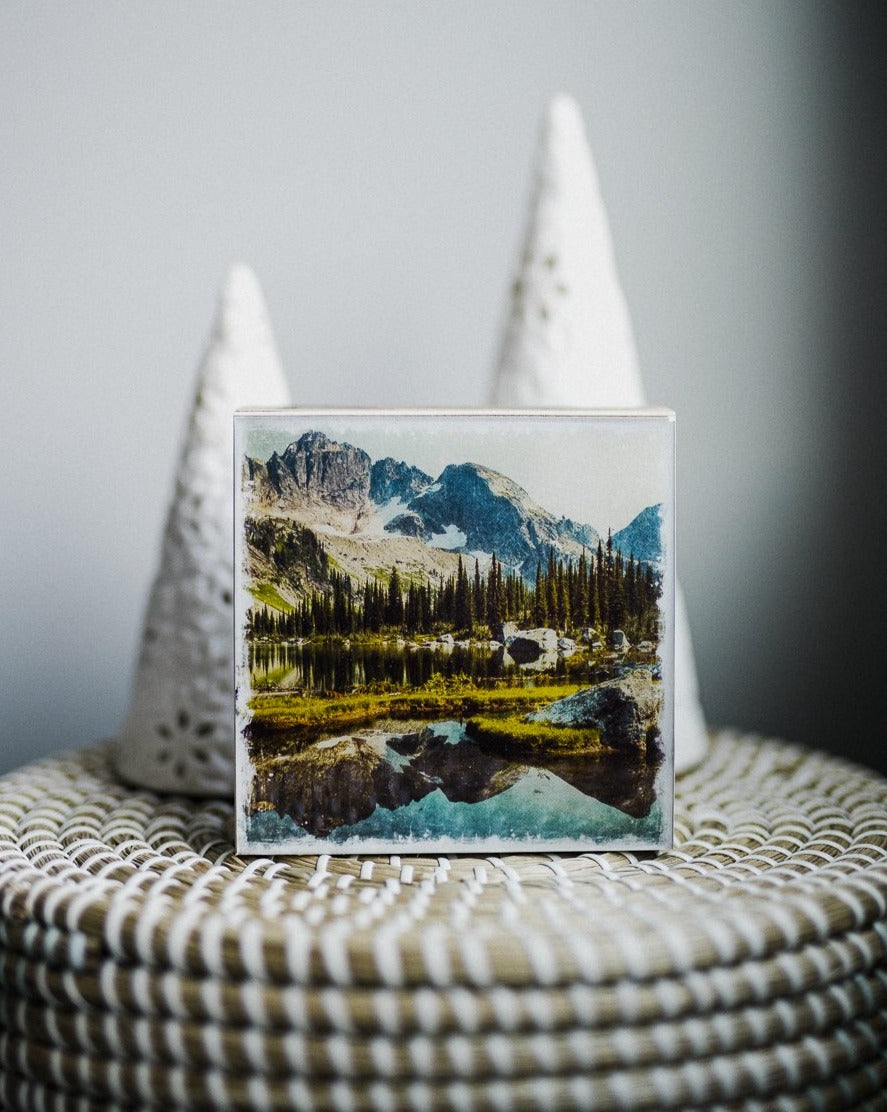 Alpine Lake & Reflections<br> 5x5" Signature Glossy Art Block  <br> New Pine Wood Edges