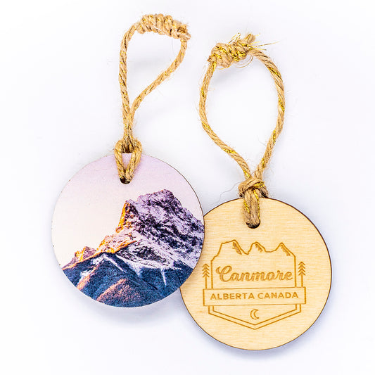 Circle Wooden Holiday Ornament <br> Canmore Alberta <br> Sunrise over Canmore