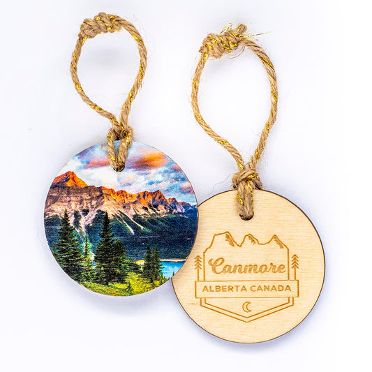 Circle Wooden Holiday Ornament <br> Canmore Alberta <br> Sunrise Over Spray Lakes Kananaskis