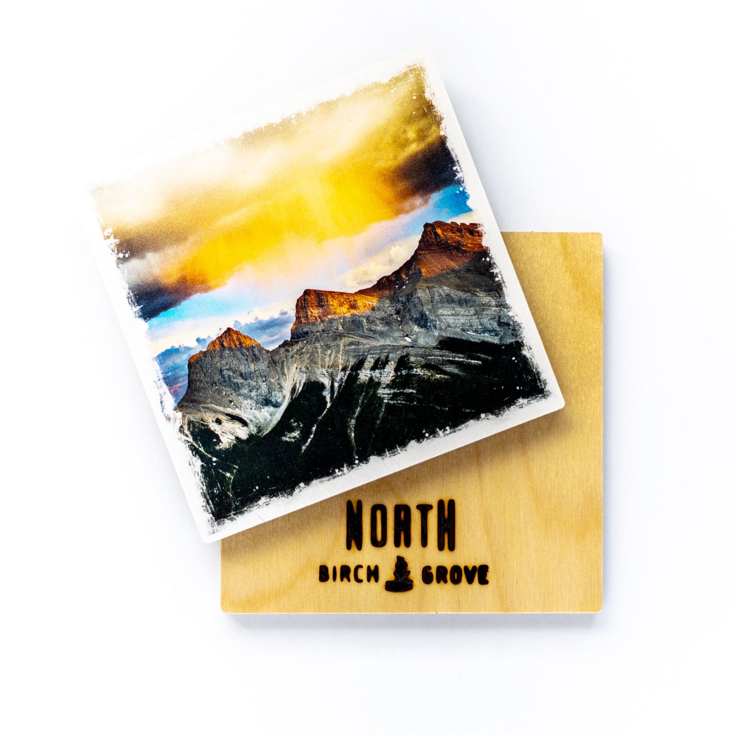 Posavasos con fotografías de madera de abedul de las Montañas Rocosas canadienses y los lagos Spray