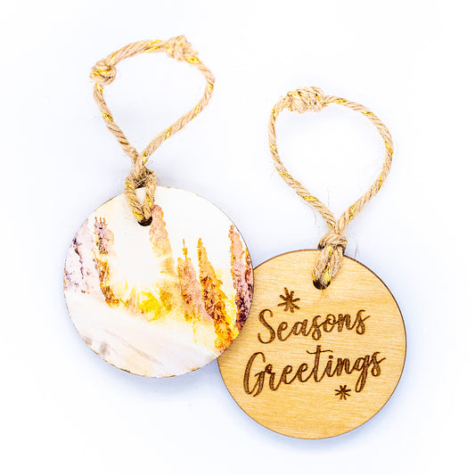 Circle Wooden Holiday Ornament <br> Seasons Greetings <br>Winter Snowrise