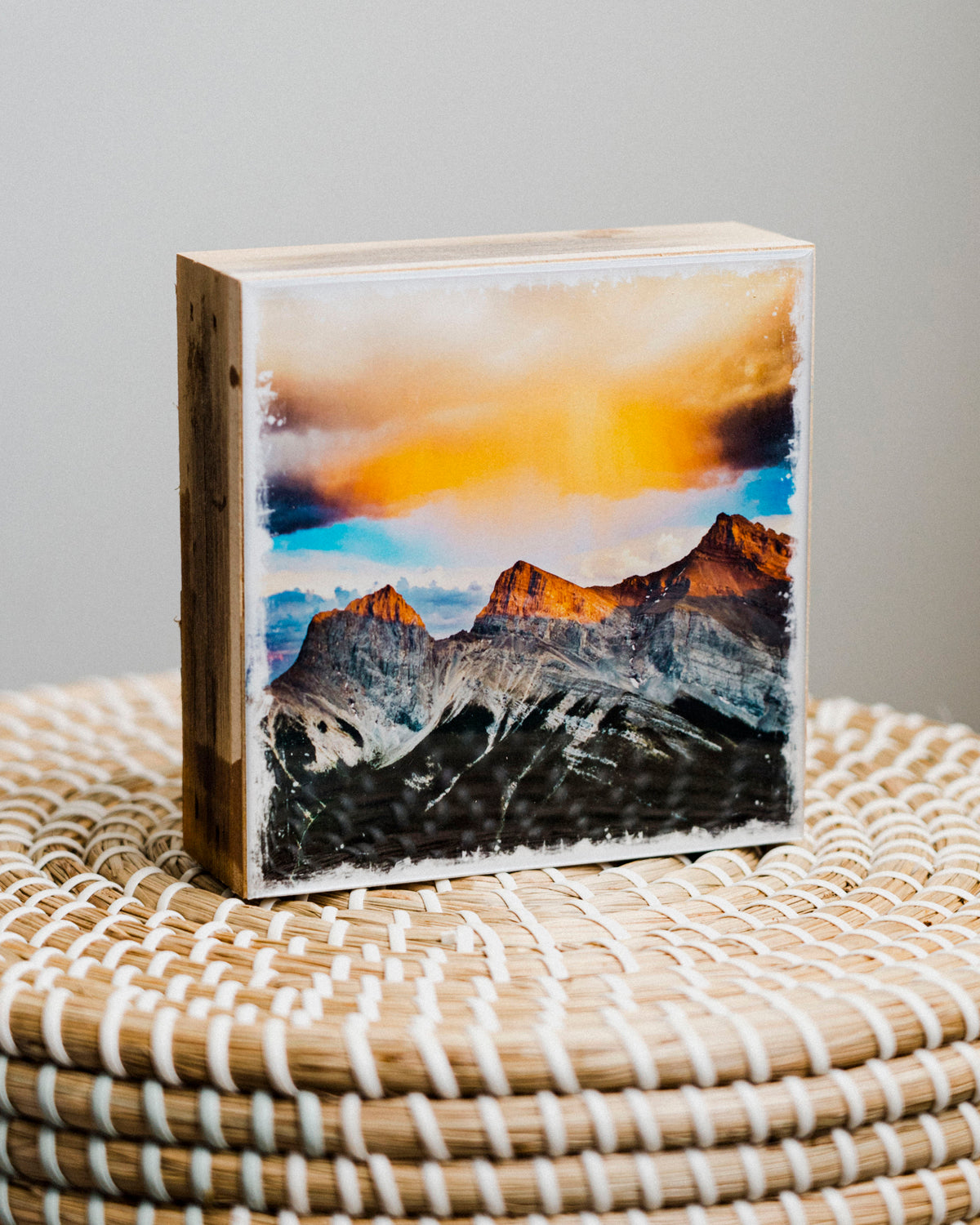 Three Sisters Mountains Sunset <br> 5x5" Signature Glossy Art Block  <br> Rustic Barn Wood Edges