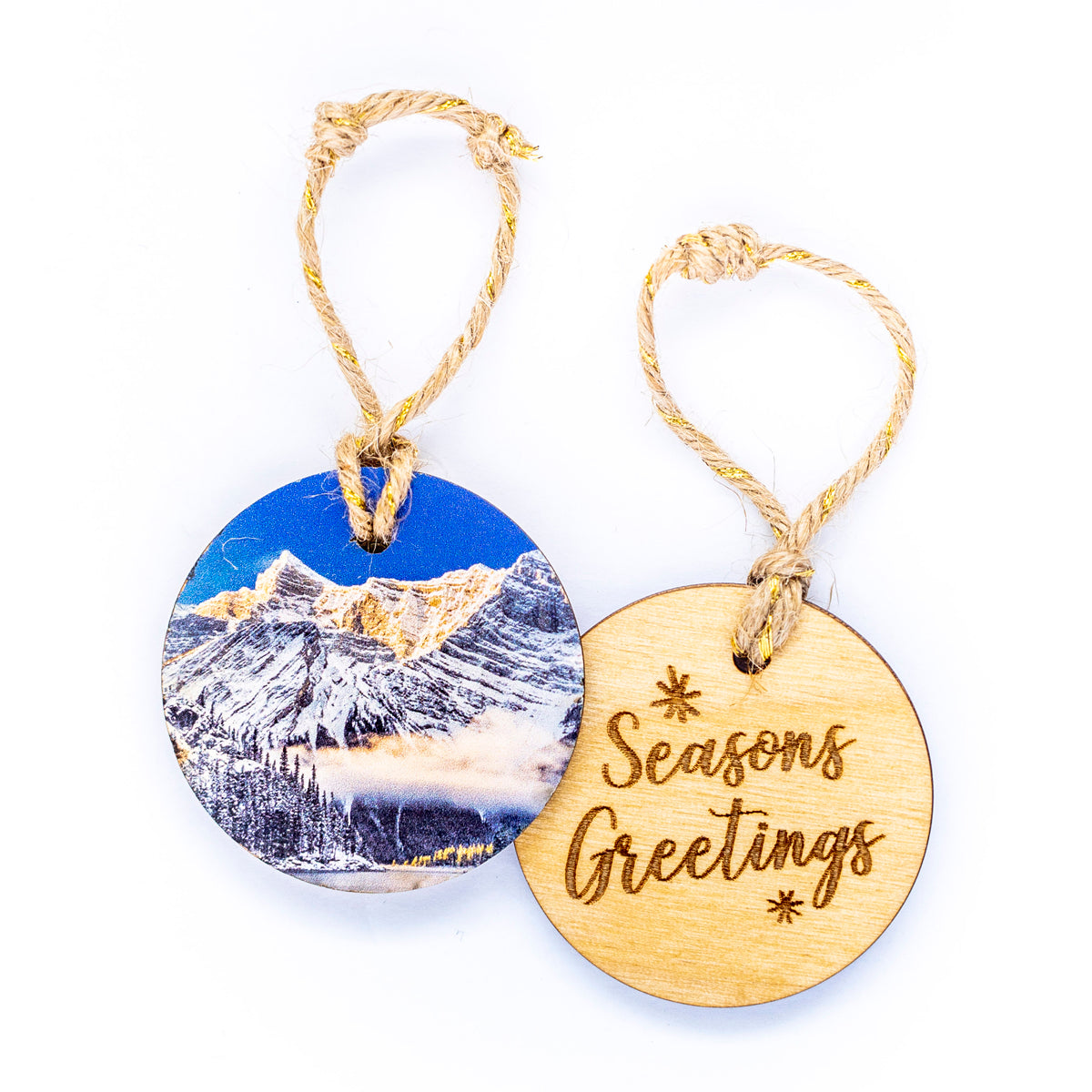 Circle Wooden Holiday Ornament <br> Seasons Greetings <br>Kananaskis Winter Sunrise
