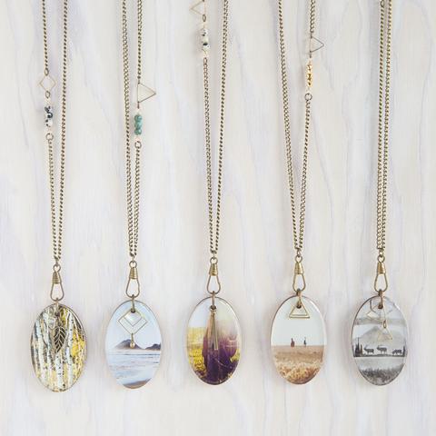 Metallic Wooden Photo Pendant with Gemstones