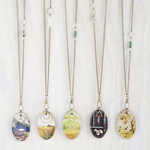 Metallic Wooden Photo Pendant with Gemstones