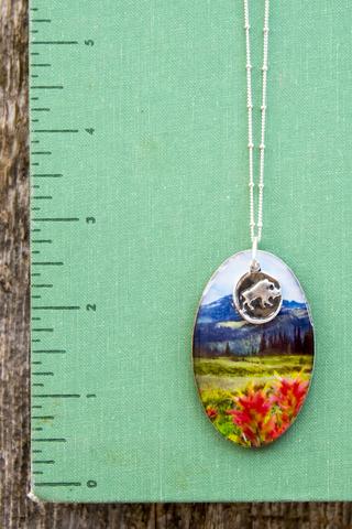 Wooden Photo Pendant <br> Mountain + Wildflowers <br> Antlers or Bison Silver Charm <br>