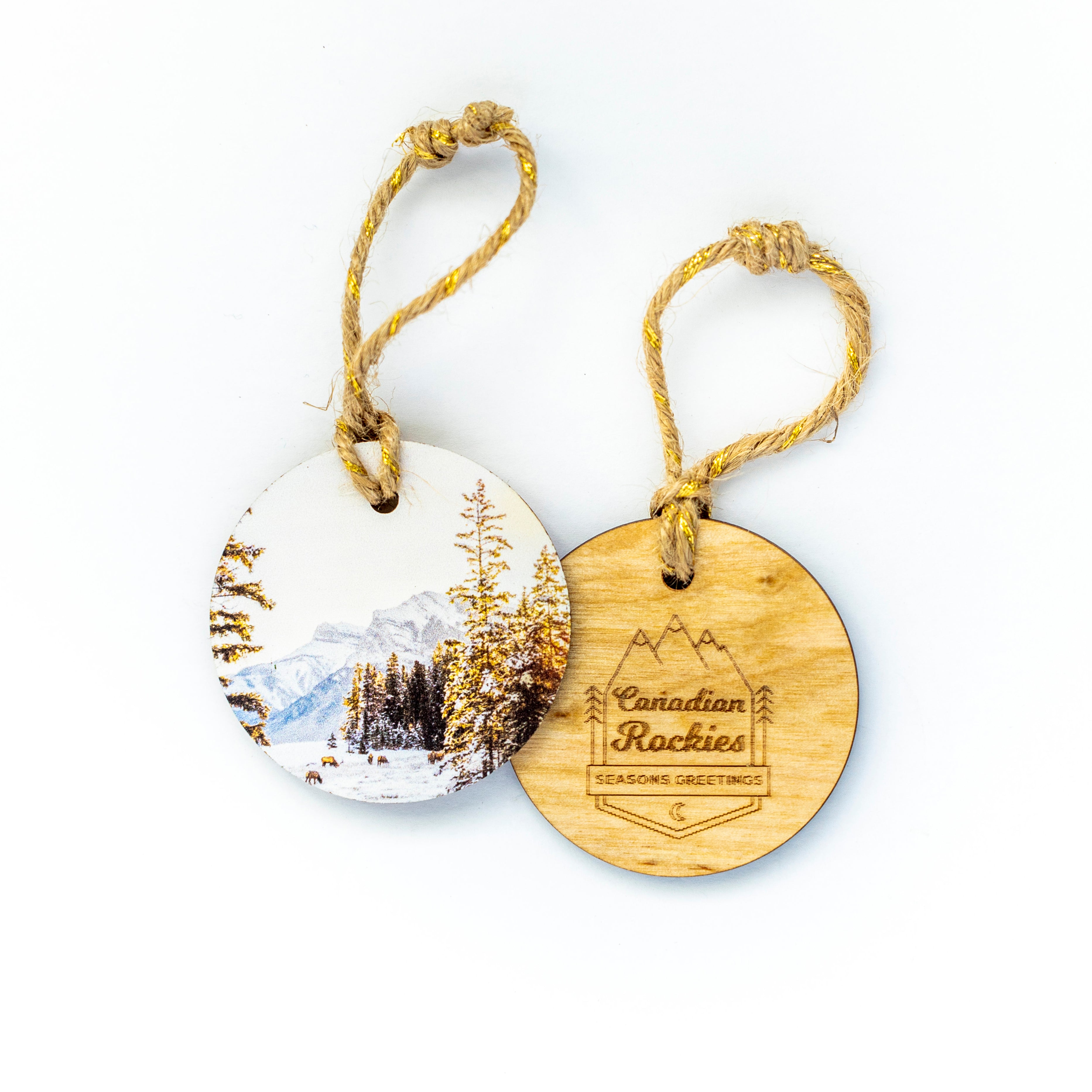 Circle Wooden Holiday Ornament <br> Canadian Rockies <br> Canmore Winter Sunrise