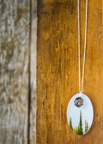 Wooden Photo Pendant <br>Sub Alpine Fir Trees <br> Bison Silver Charm <br>