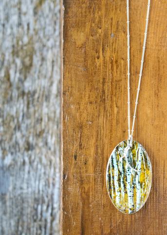 Wooden Photo Pendant <br>Aspens Trees in Fall<br> Antler Silver Charm <br>