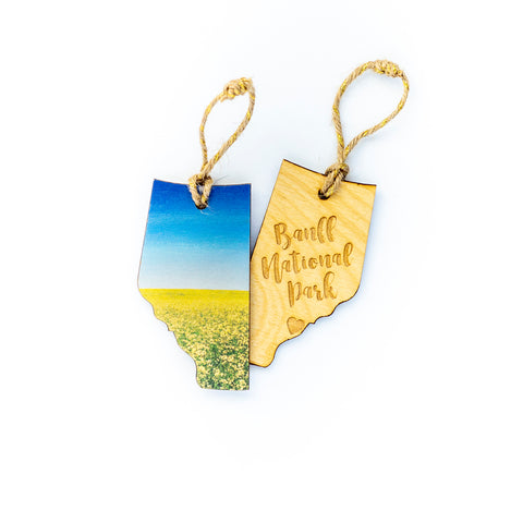 CLEARANCE <br> Alberta Wooden Holiday Ornament <br> Banff National Park <br>Canola Field in Bloom
