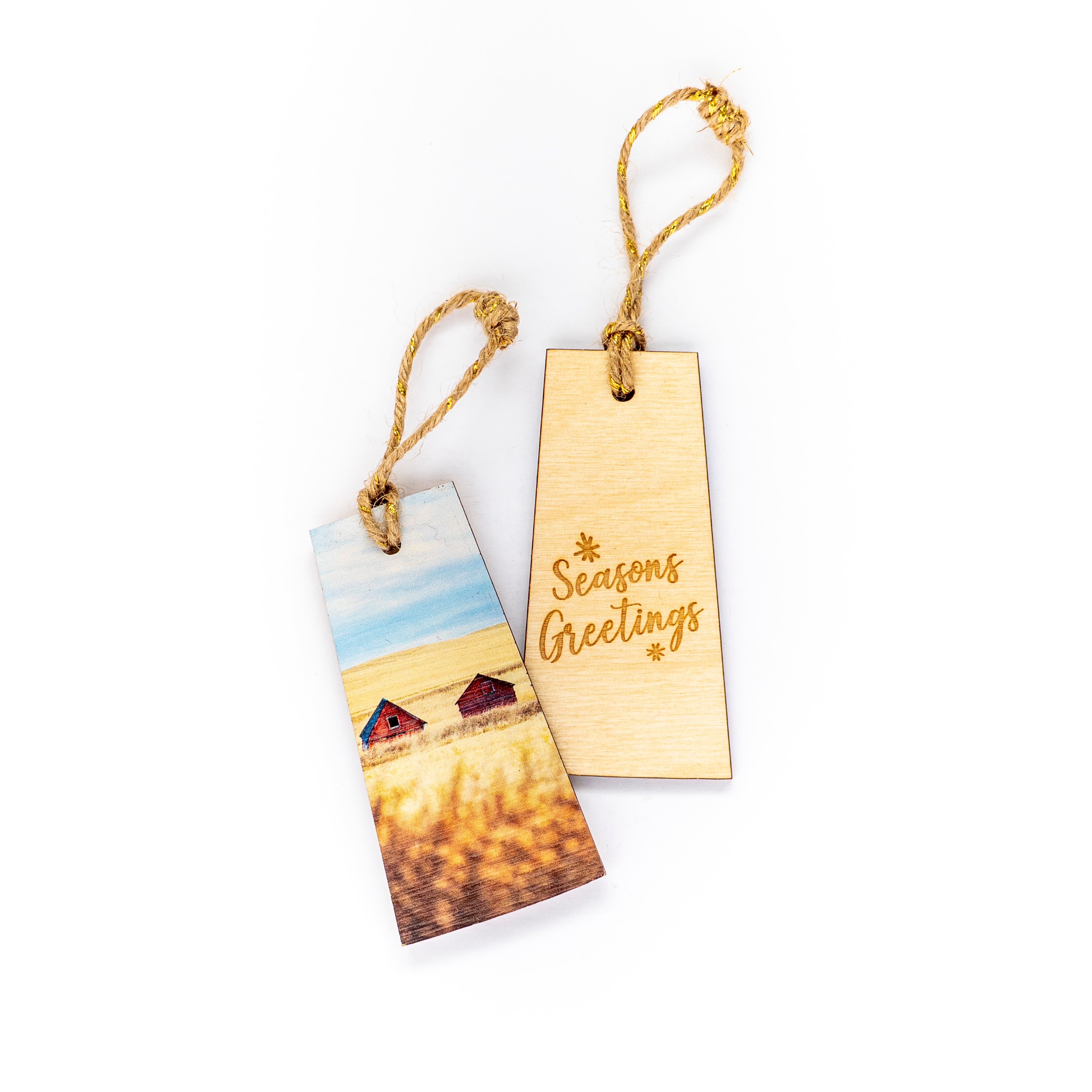 Saskatchewan Wooden Holiday Ornament <br> Seasons Greetings <br>Two Red Granaries